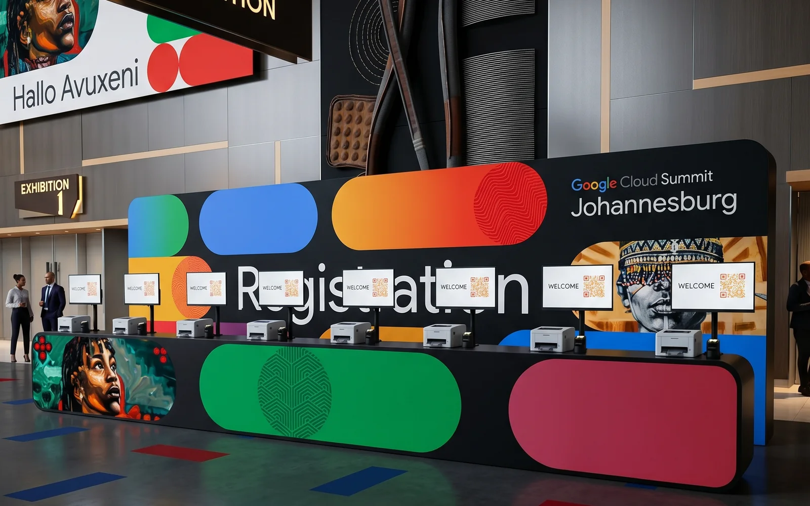 Concept visual of a premium branded registration environment with self-service check-in screens and badge printers